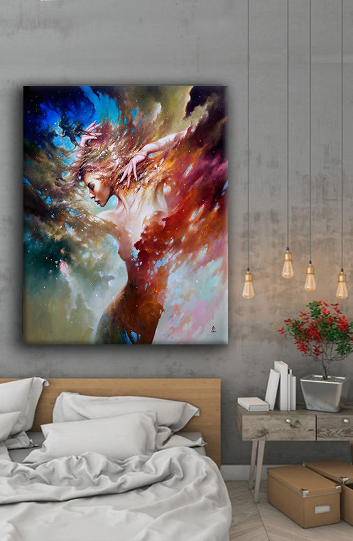Ethereal Cosmic Goddess Dissolving Into Colorful Nebula Sky Poster - Image 4
