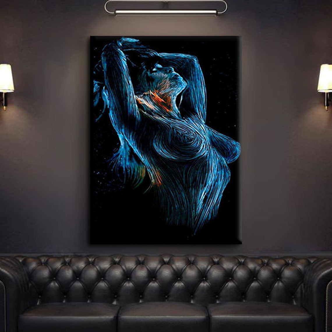 Blue Neon Linear Nude Woman Figure Abstract Modern Art Poster - Image 2