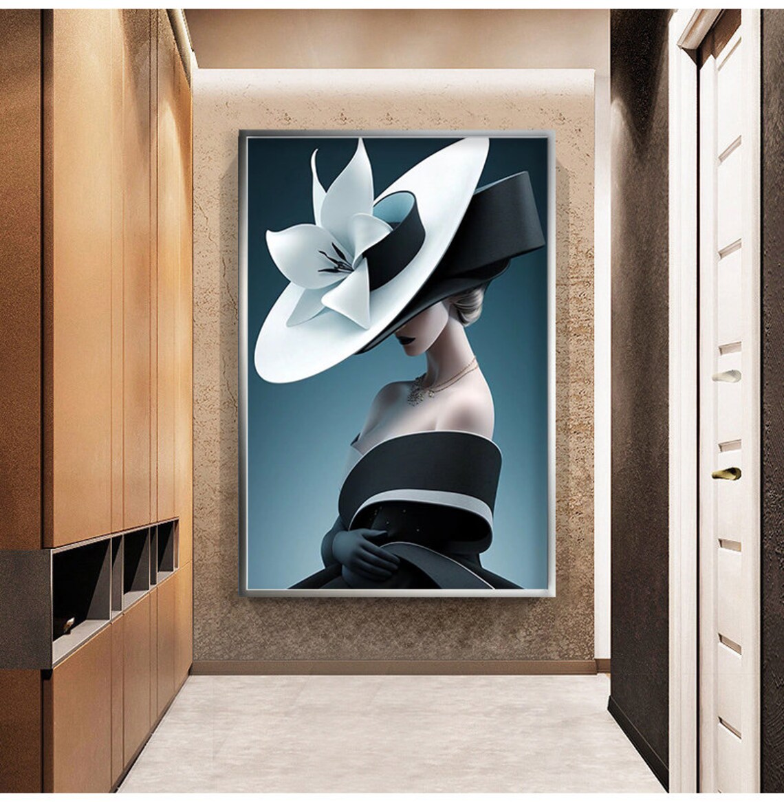 Elegant Woman Wide Brim White Hat Black Dress Fashion Art Poster - Image 2