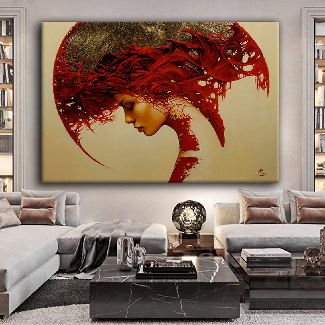 Red Haired Woman Profile Gold Moon Surreal Portrait Painting Poster - Image 3