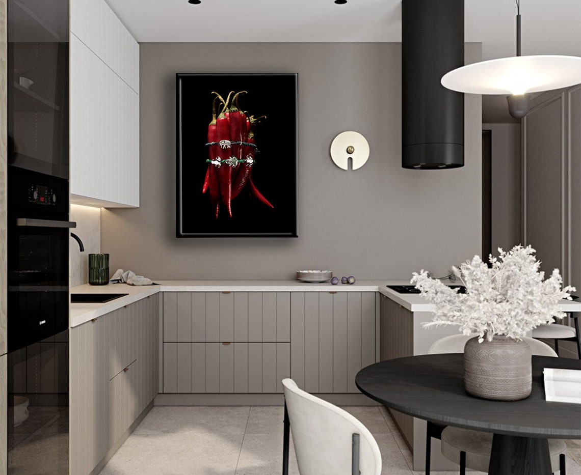 Red Chili Peppers Bunch Black Background Bold Kitchen Photo Poster - Image 3