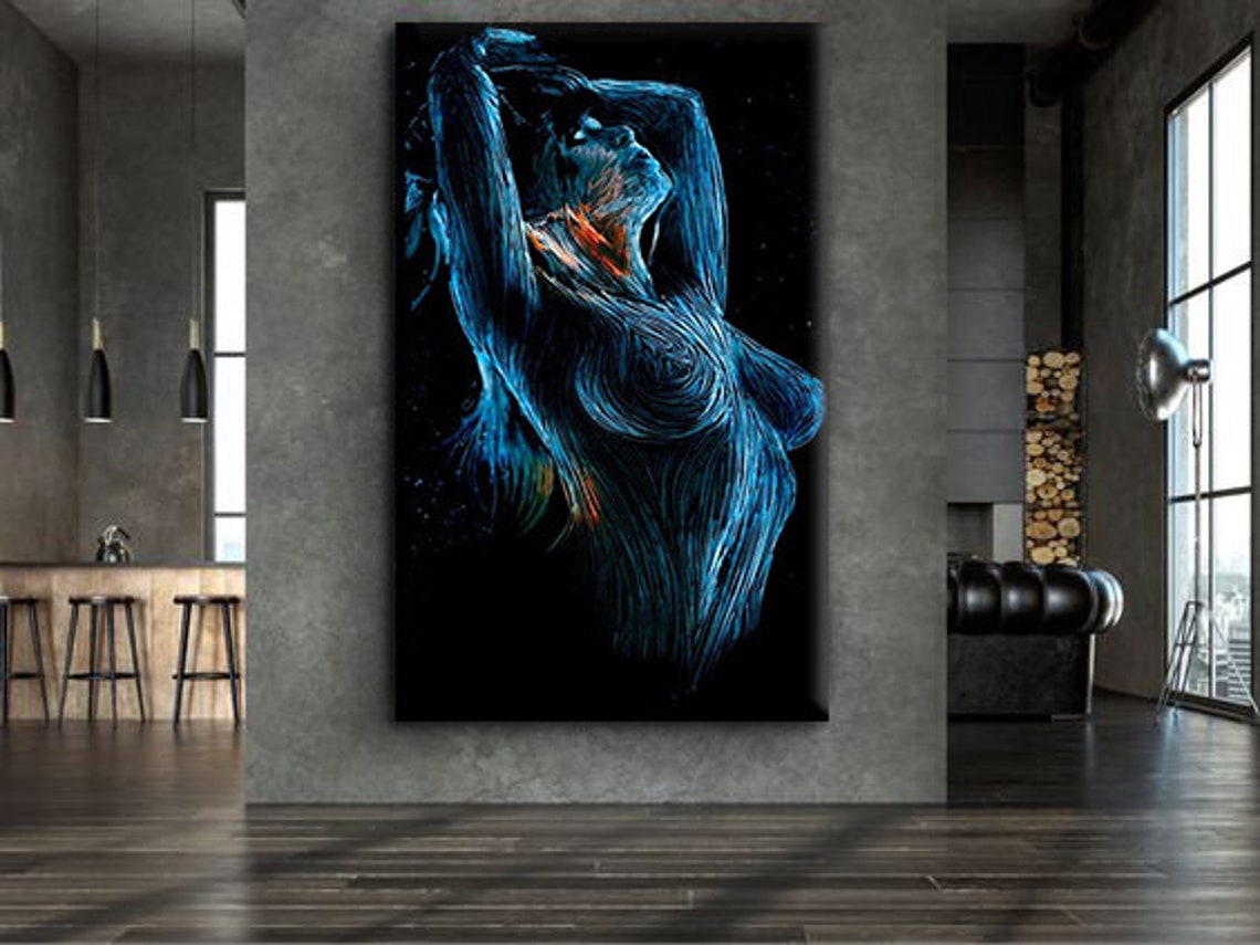 Blue Neon Linear Nude Woman Figure Abstract Modern Art Poster - Image 3