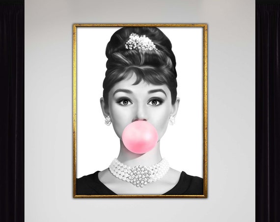 Audrey Hepburn Bubble Gum Wall Art Pink Pop Canvas Print Glam Fashion Decor Vintage Poster Ready To Hang Artwork