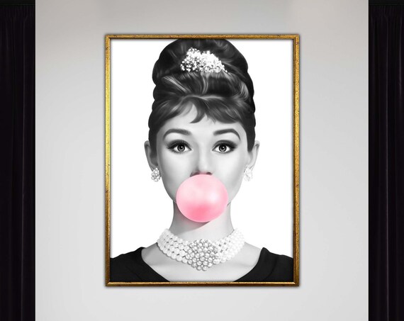Audrey Hepburn Pink Bubble Gum Black And White Pop Art Poster
