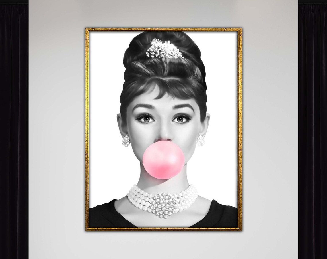 Audrey Hepburn Pink Bubble Gum Black And White Pop Art Poster