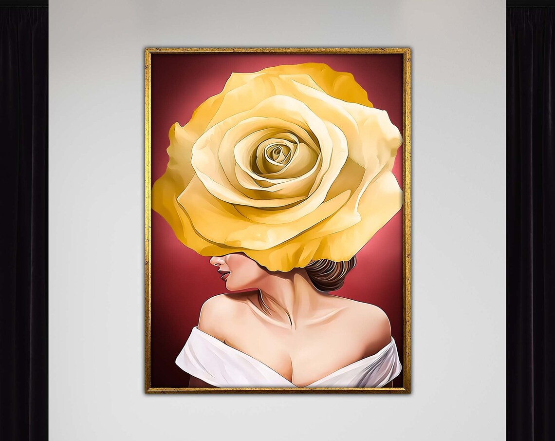 Yellow Rose Flower Head Woman Surreal Portrait Deep Red Art Poster