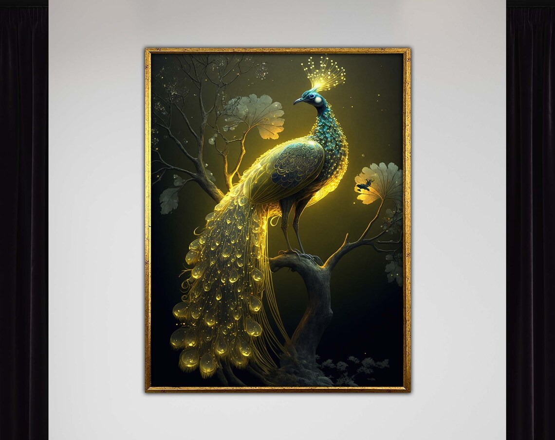Golden Peacock Glowing On Dark Branch Luminous Bird Art Print
