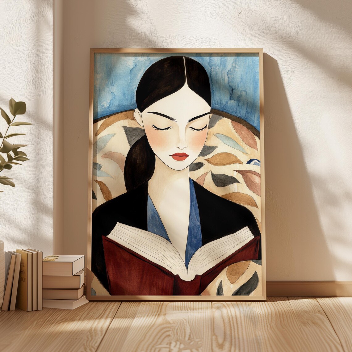 Woman Reading Illustration, Moody Peaceful Home Decor