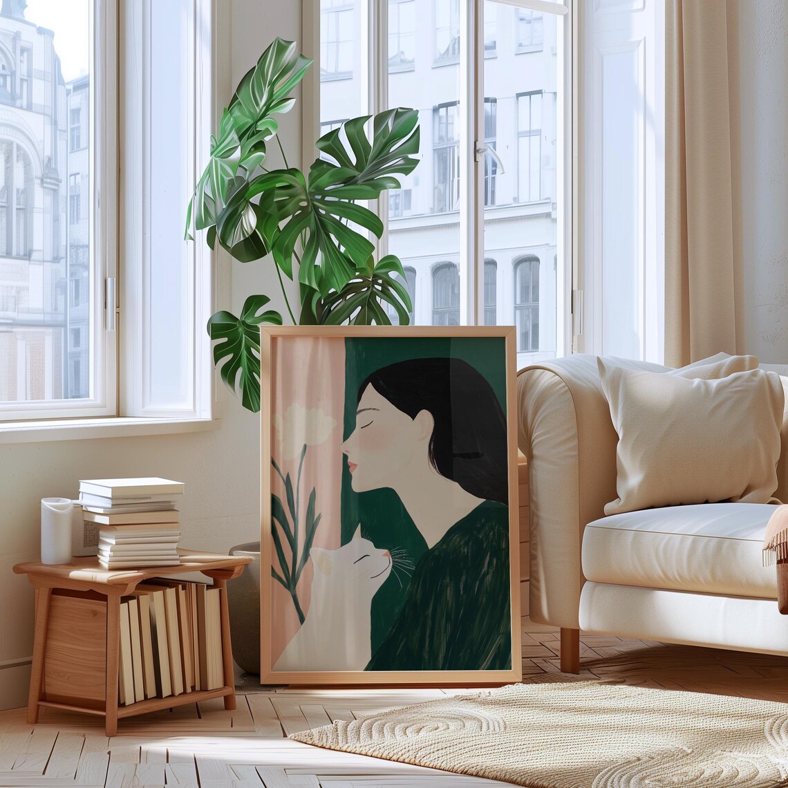 Minimalist Serene Woman Holding White Cat Green Blush Art Poster - Image 3