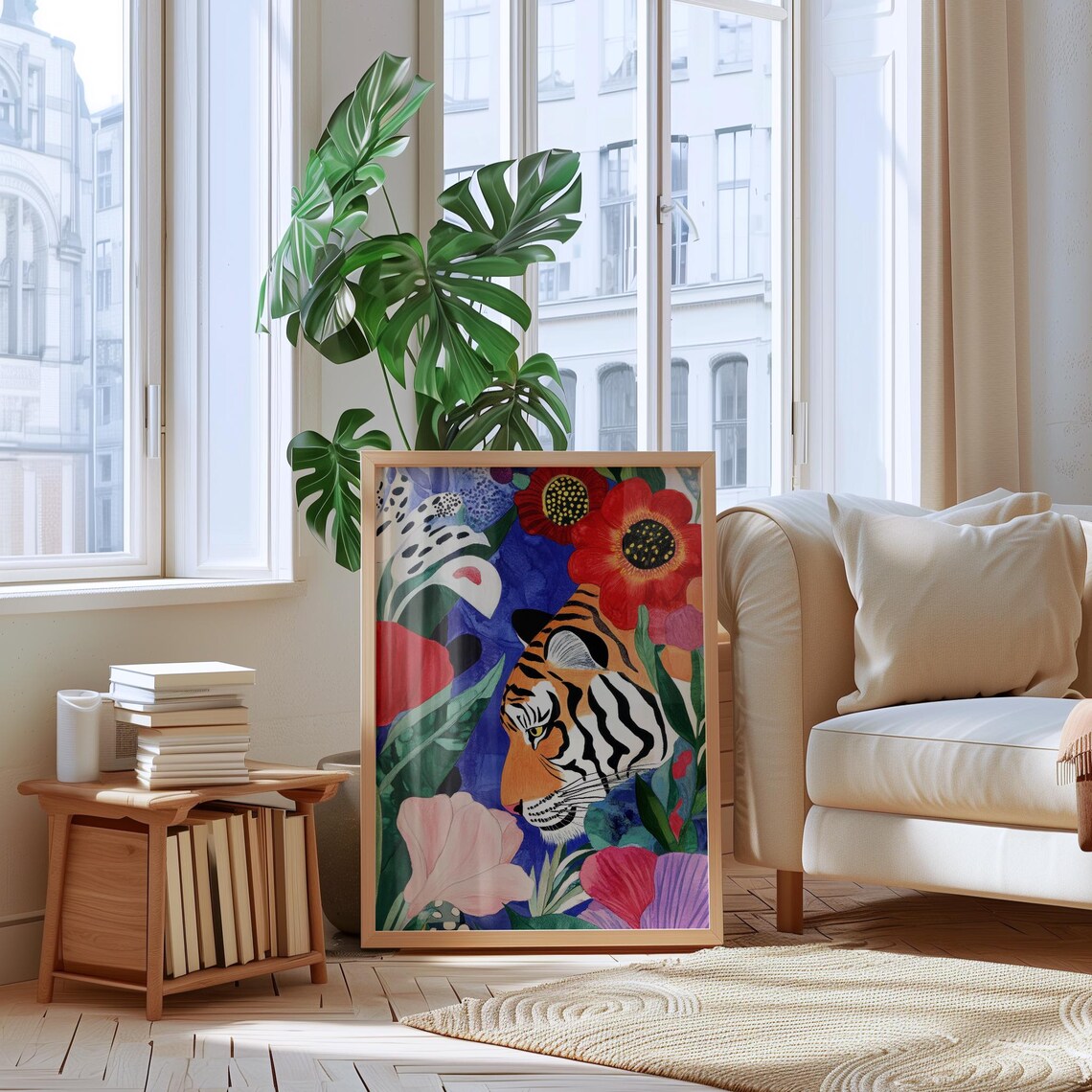Orange Tiger Among Colorful Jungle Flowers Bold Botanical Poster - Image 2