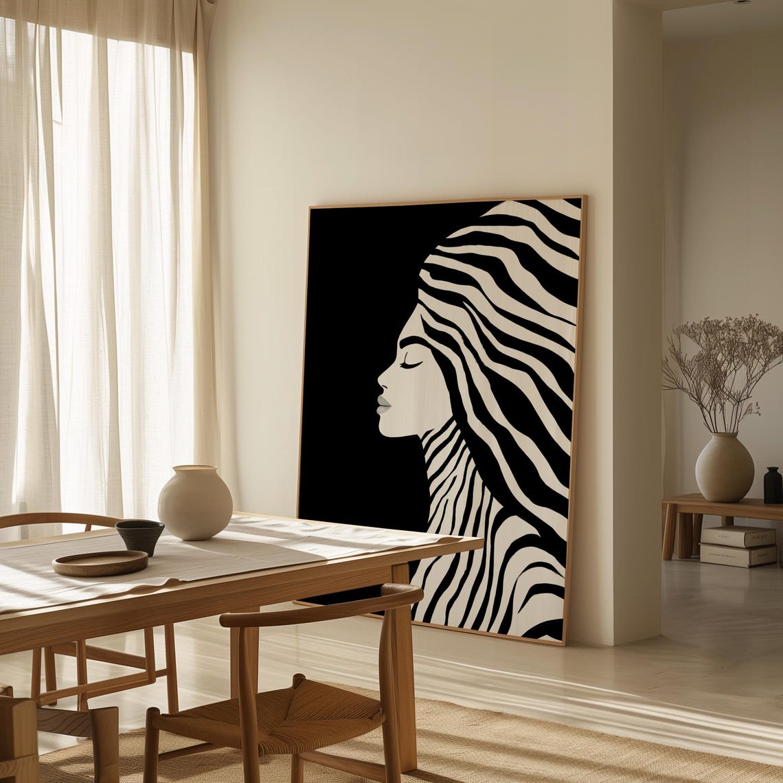 Minimalist Black And White Portrait Bold Zebra Inspired Woman Print Modern Monochrome Wall Art Striped - Image 3