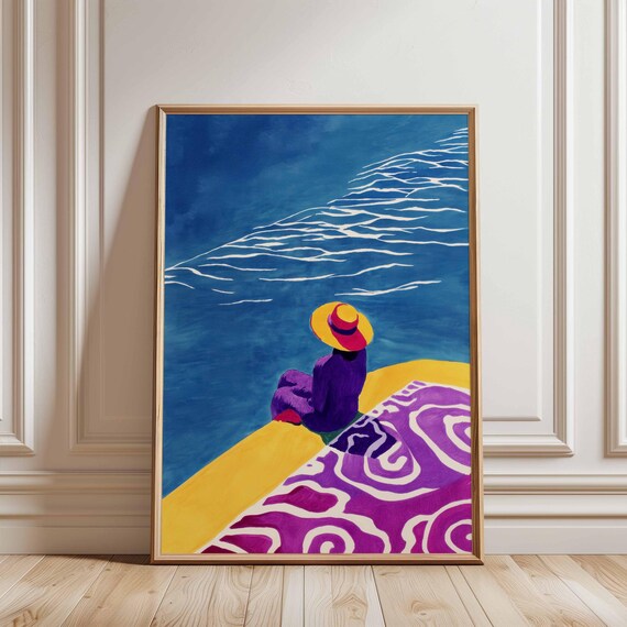 Dreamy Woman By The Sea Yellow Hat Vibrant Blue Ocean Colorful Print