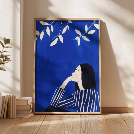 Blue Woman Portrait With White Leaves Modern Minimalist Art Contemplative Striped Illustration Dreamy Wall Decor