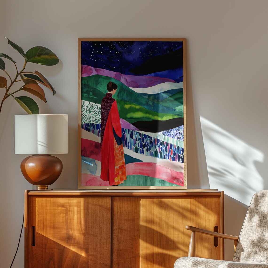Starry Night Walk, Dreamy Woman Landscape Painting - Image 3