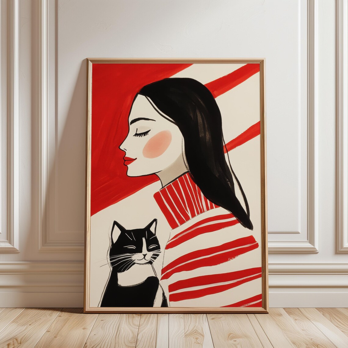 Woman With Black Cat in Red Striped Turtleneck Minimalist Poster