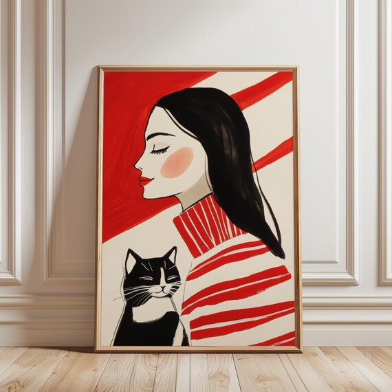 Woman With Black Cat in Red Striped Turtleneck Minimalist Poster