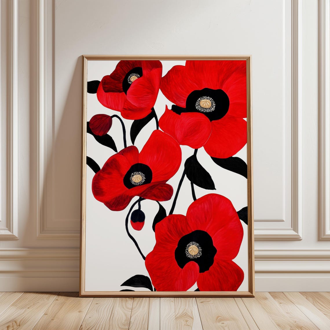 Bold Red Poppy Blooms Modern Floral Botanical Illustration Poster