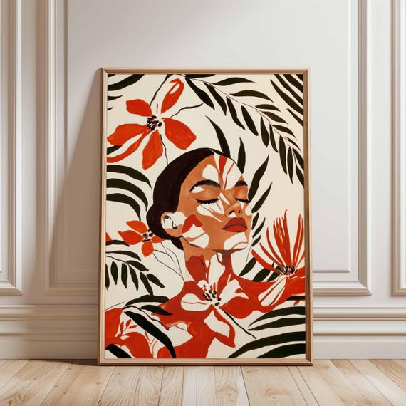 Floral Woman Portrait With Red Flowers, Botanical Art Print