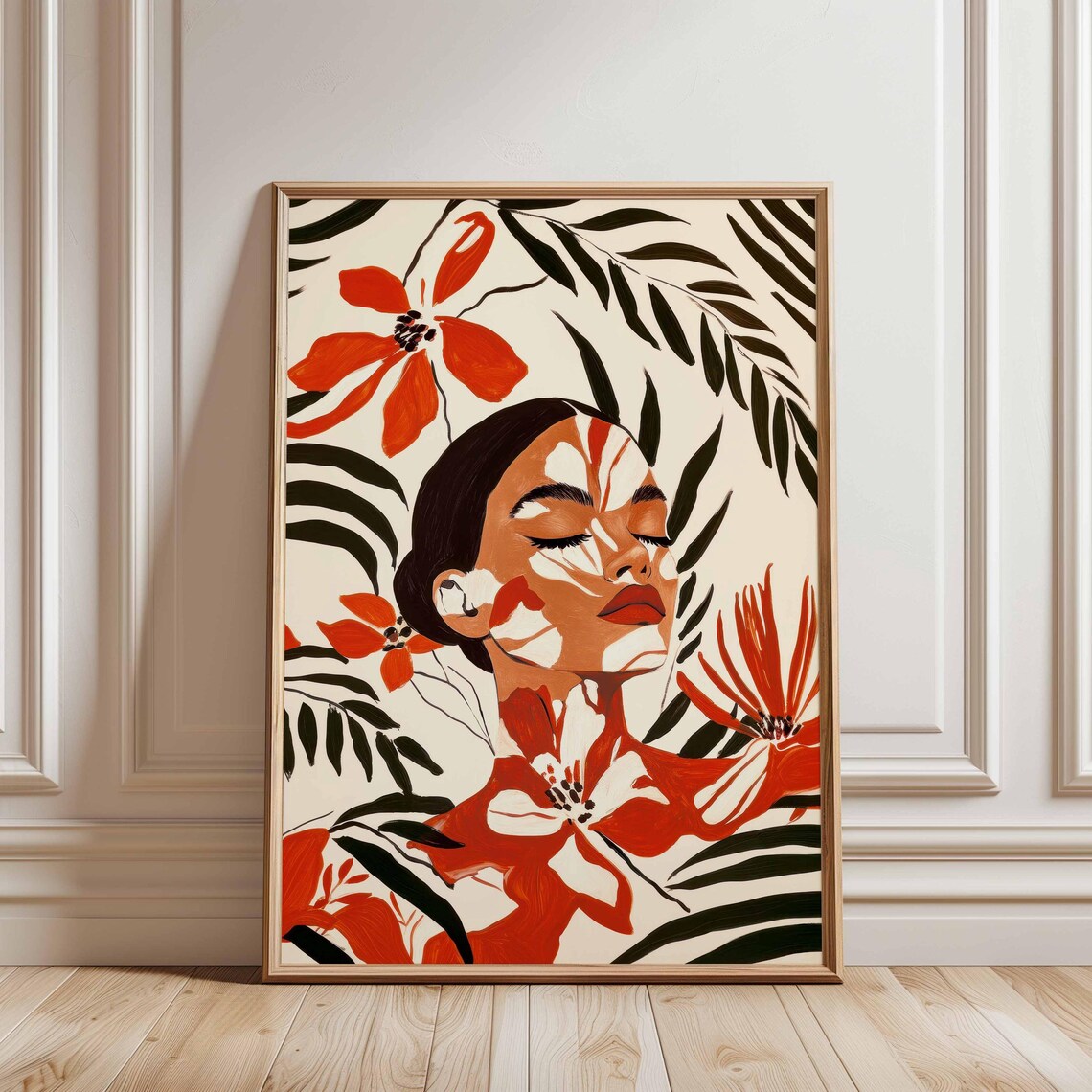 Floral Woman Portrait With Red Flowers, Botanical Art Print