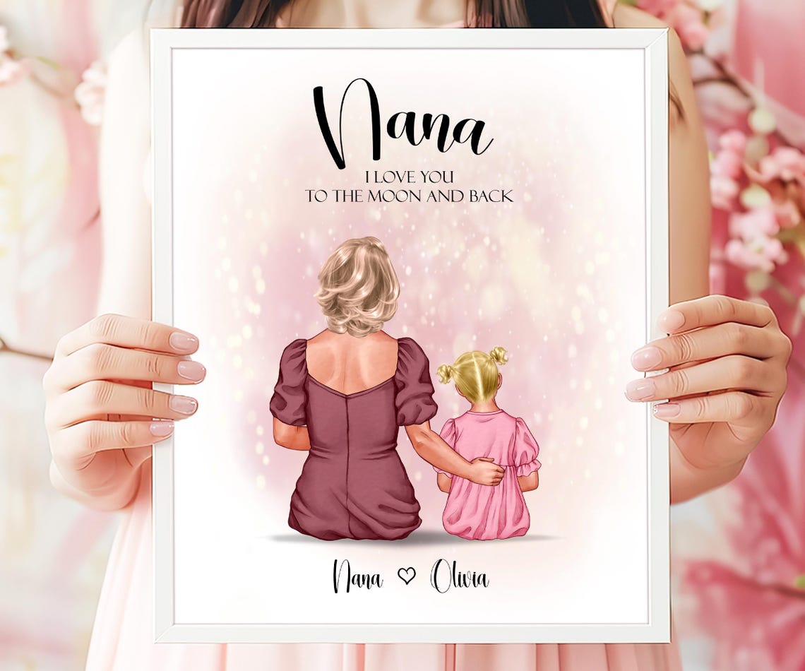 Nana and Granddaughter Moon and Back Personalized Love Portrait Poster