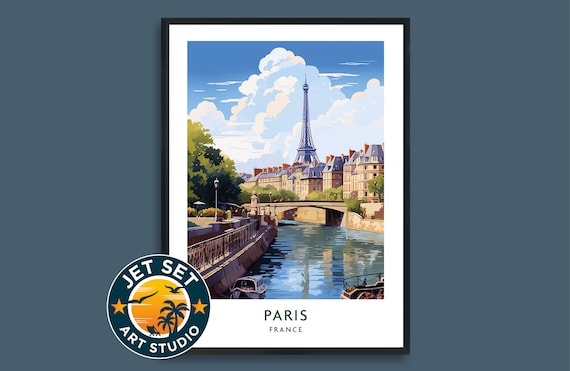 Paris France Eiffel Tower Bridge River View Vintage City Travel Poster