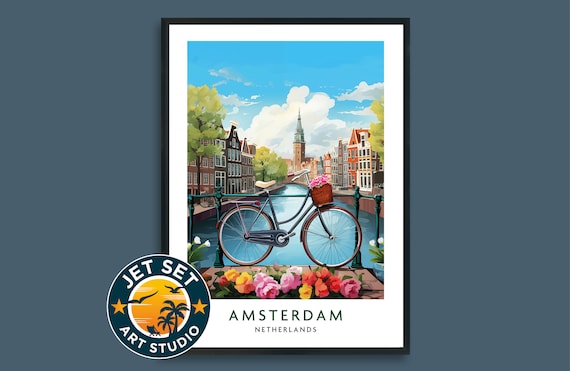 Amsterdam Netherlands Bicycle Canal Bridge Floral Travel Poster