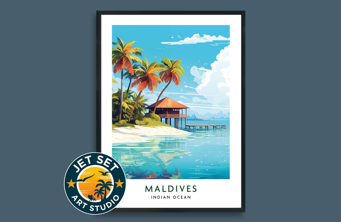 Maldives Indian Ocean Overwater Bungalow Beach Travel Poster