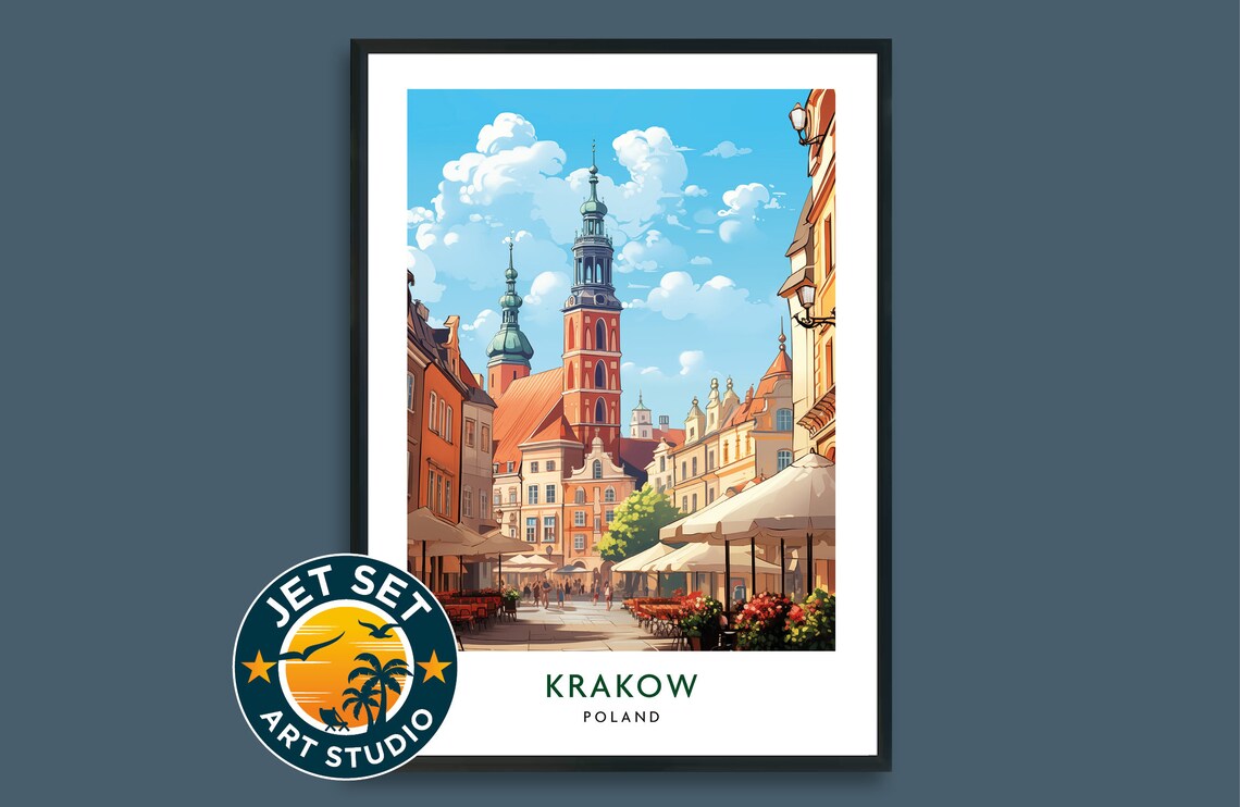 Krakow Poland Old Town Square Colorful Historic Travel Poster