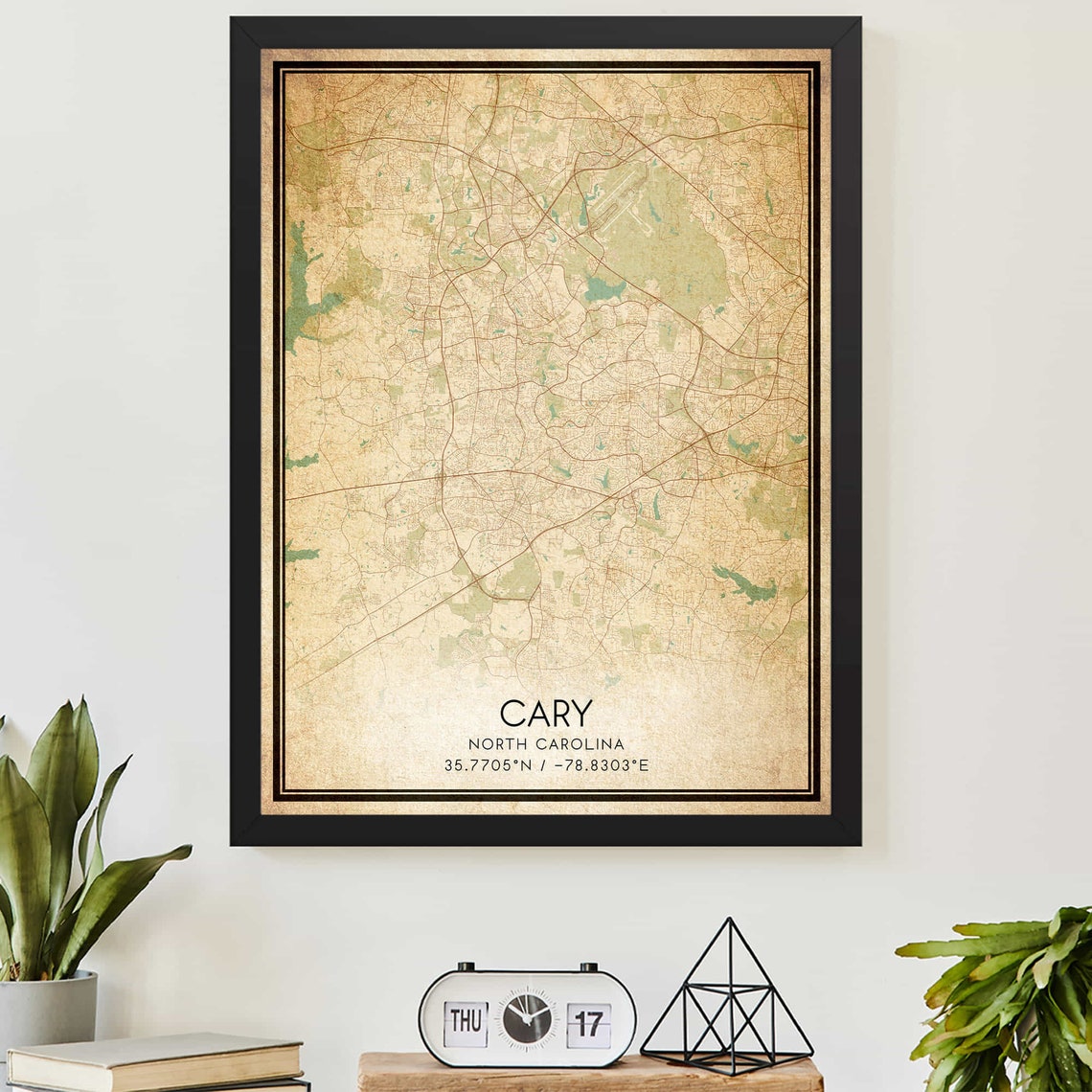 Cary North Carolina Vintage Sepia Street Map Poster with Coordinates