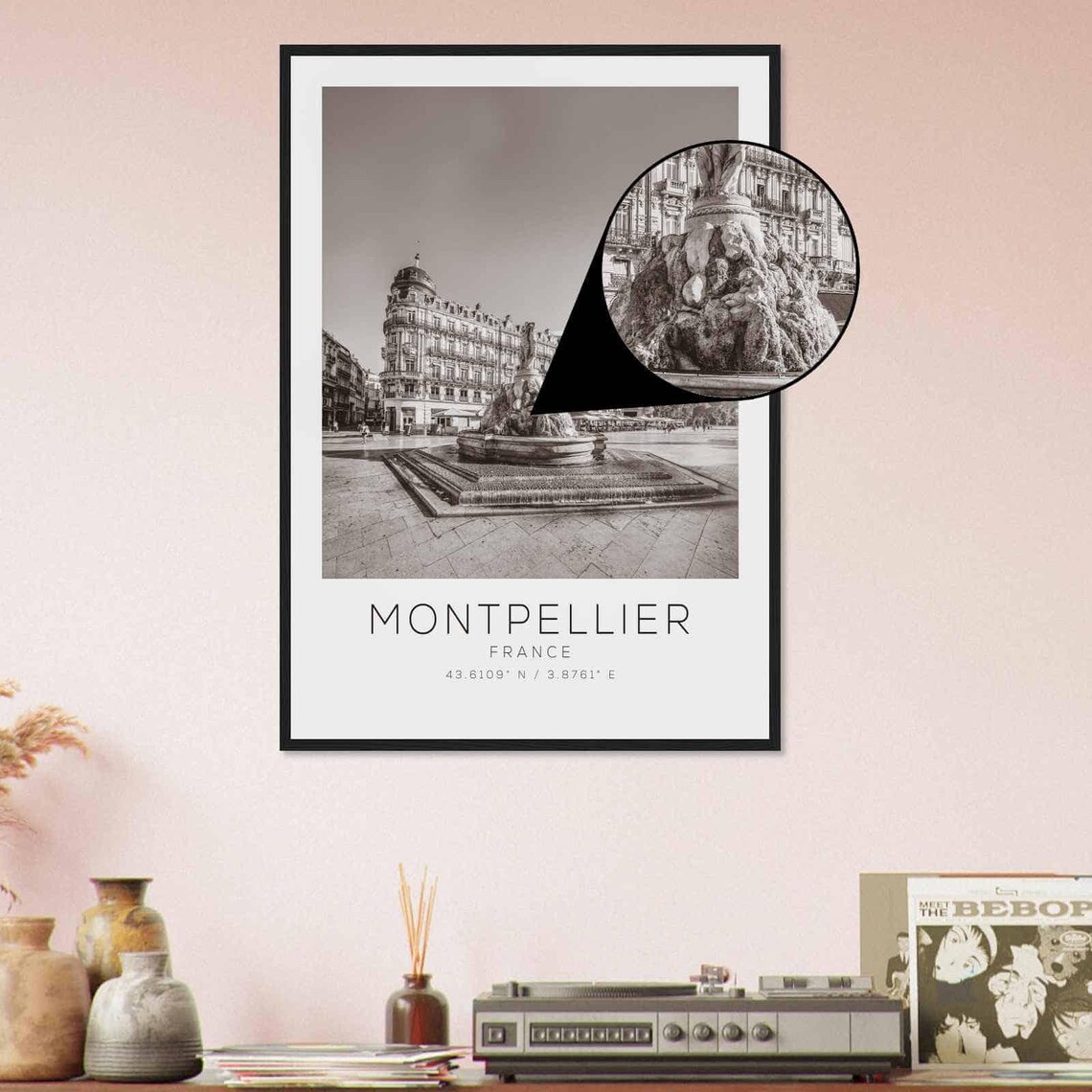 Montpellier France Grand Fountain Historic Square Black White Poster - Image 4