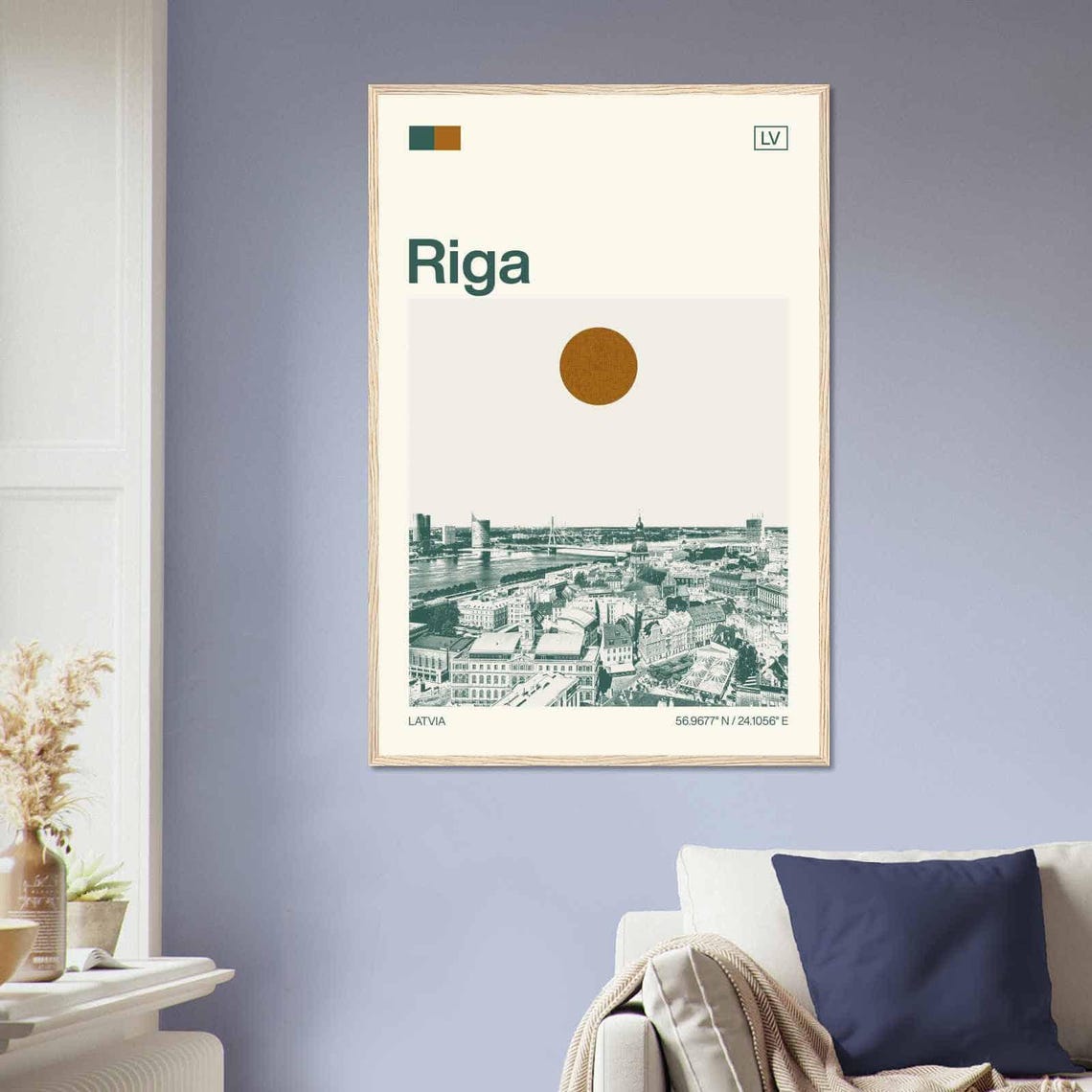 Riga Latvia Old Town River Bridges Skyline Sun Duotone Travel Poster - Image 2