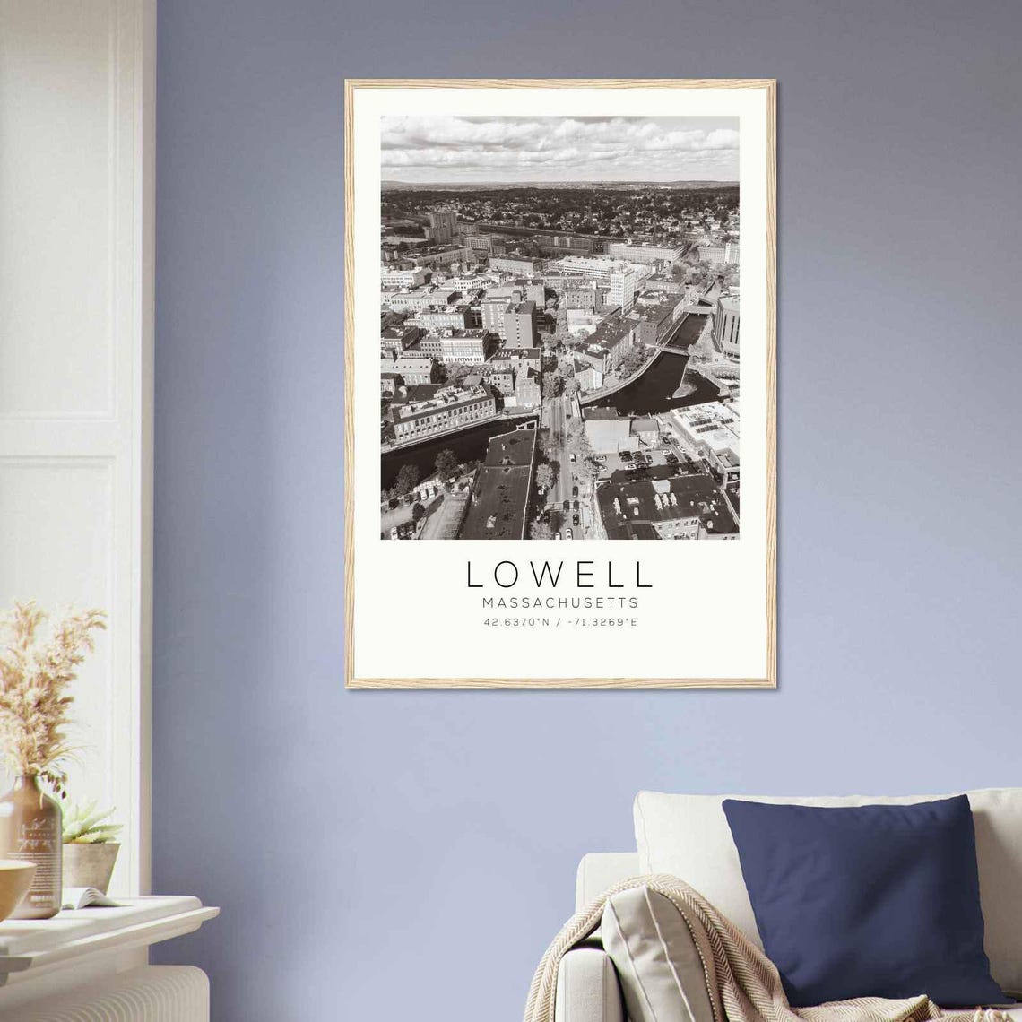Lowell Massachusetts Mill Town Aerial River Black And White Poster - Image 2