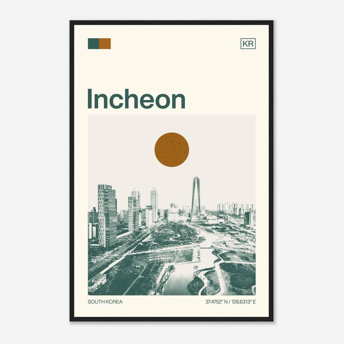 Incheon South Korea Songdo Skyline Modern Towers Duotone Travel Poster