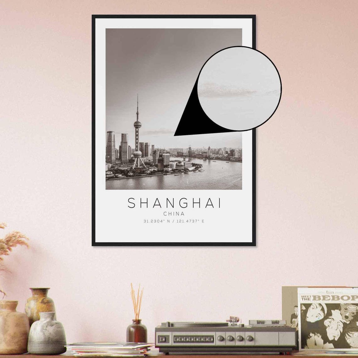 Shanghai China Oriental Pearl Tower Skyline Black and White Poster - Image 4