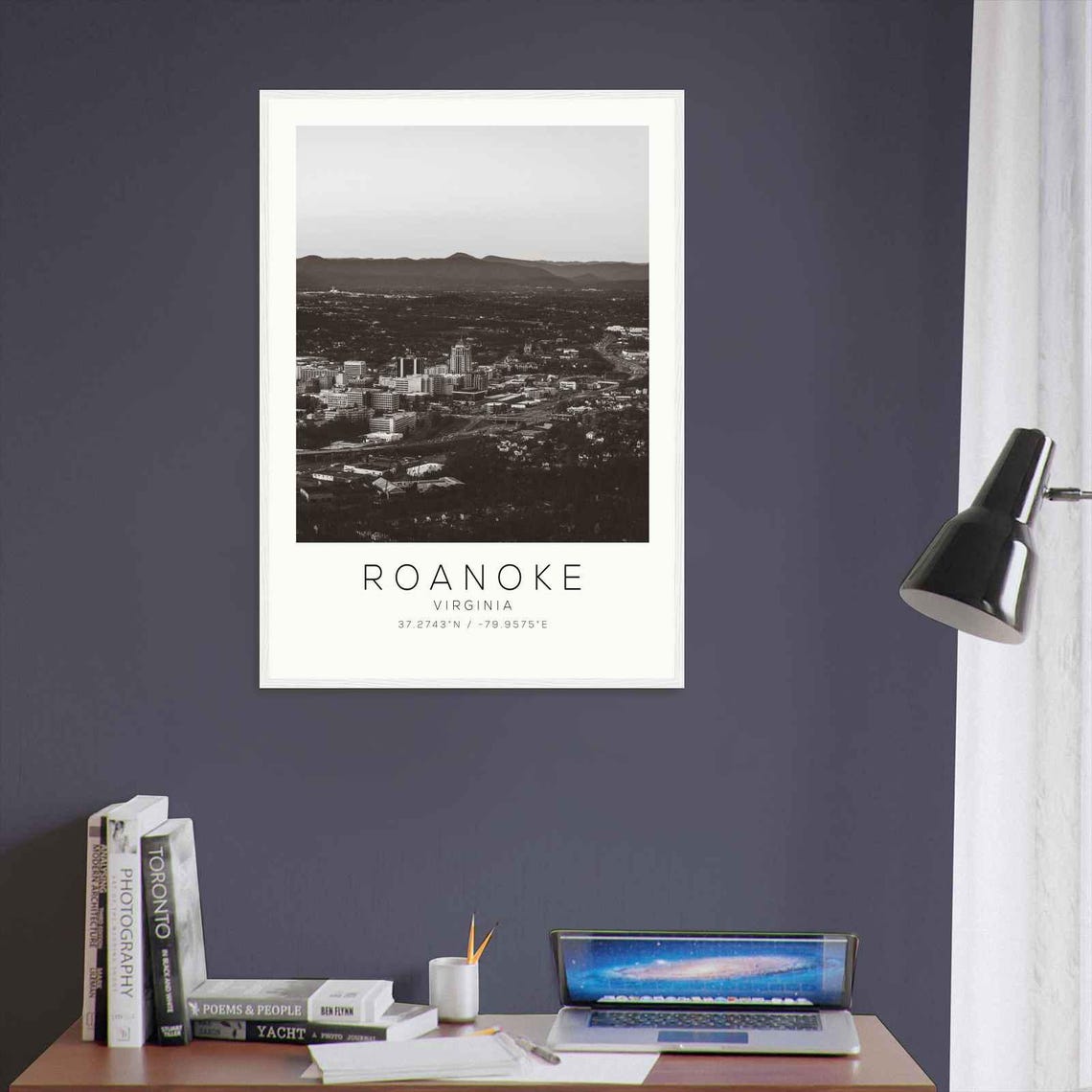 Roanoke Virginia Dusk Skyline Mountain Black and White Photo Poster - Image 3