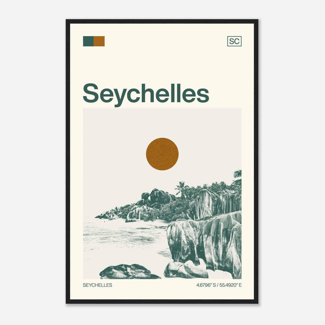 Seychelles Granite Boulder Beach Palm Sun Duotone Travel Poster