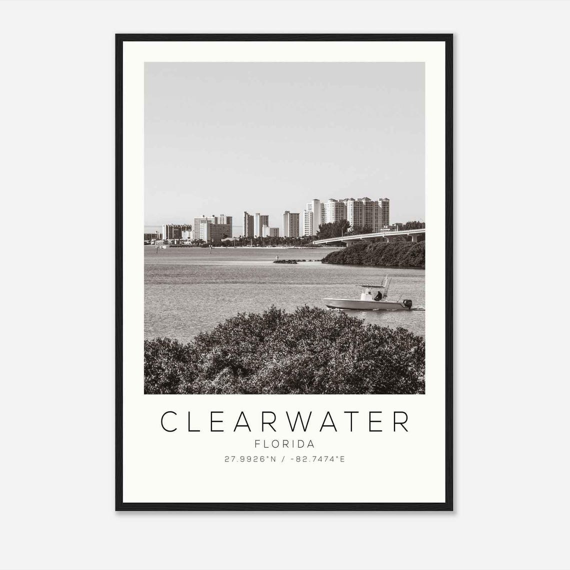 Clearwater Florida Waterfront Skyline Causeway Boat Scene Poster