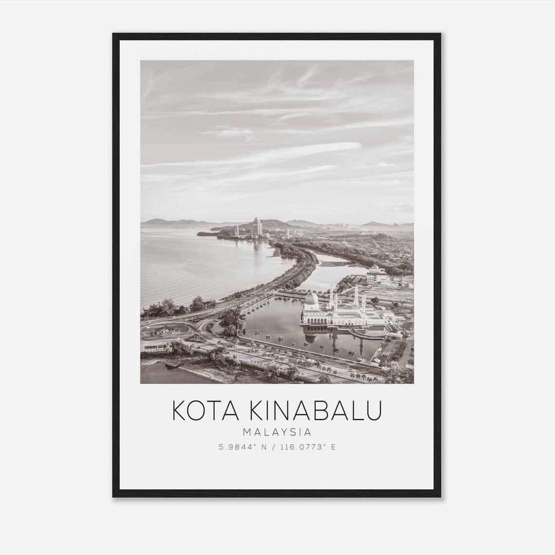 Kota Kinabalu Malaysia Black White Floating Mosque Water Poster
