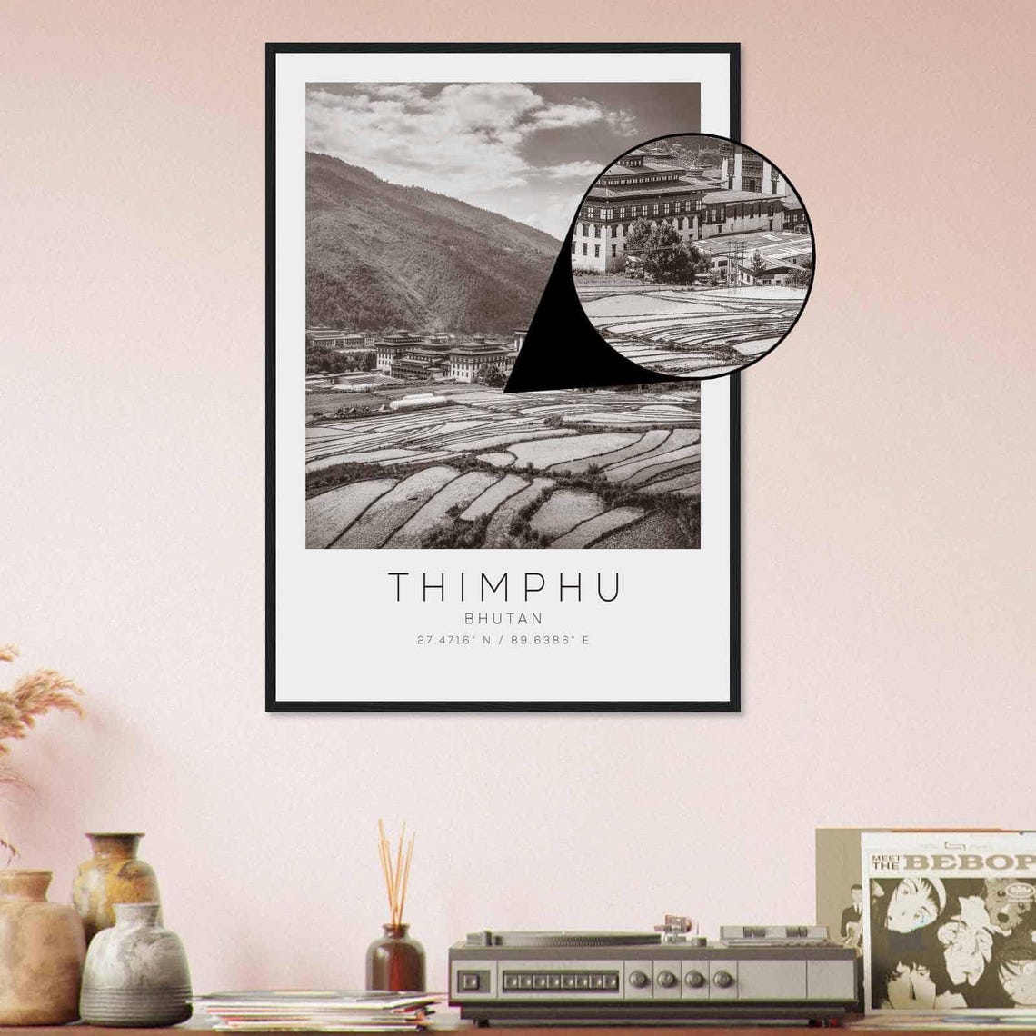 Thimphu Bhutan Rice Terraces Dzong Black and White Photo Poster - Image 4