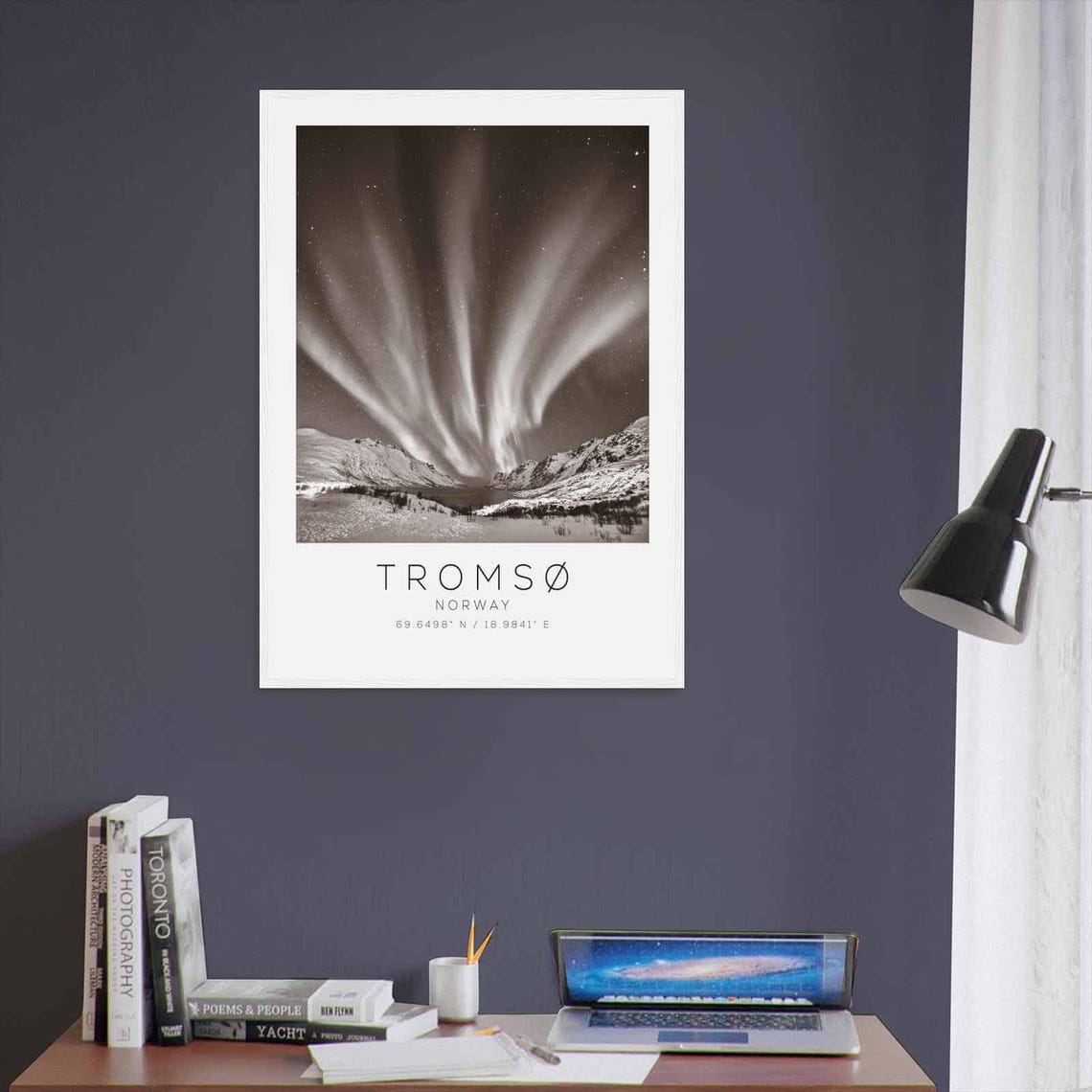 Tromso Norway Northern Lights Snowy Valley Black White Poster - Image 3