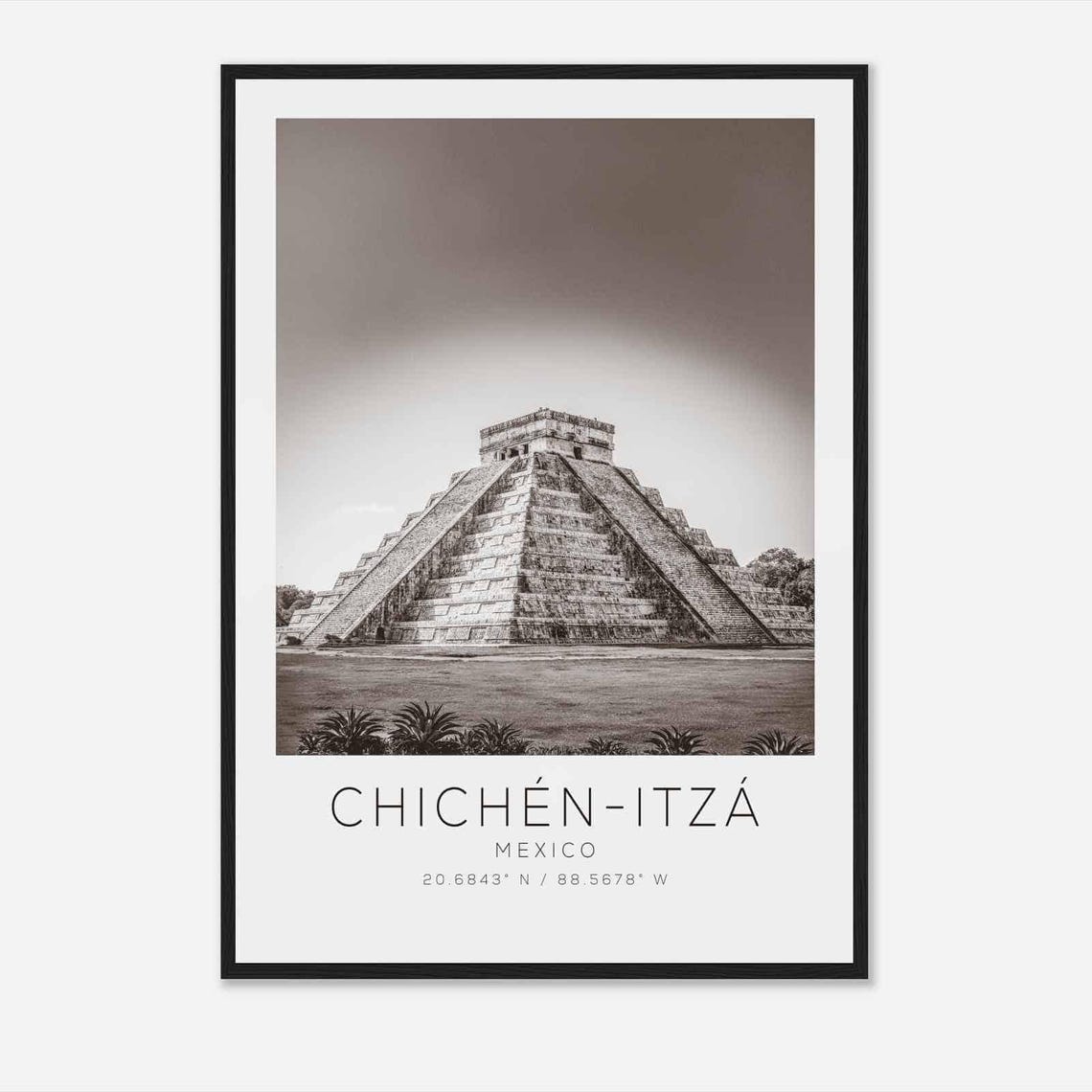 Chichen Itza Mexico El Castillo Pyramid Black and White Travel Poster