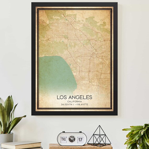 Vintage Los Angeles California City Street Map Coordinates Wall Art