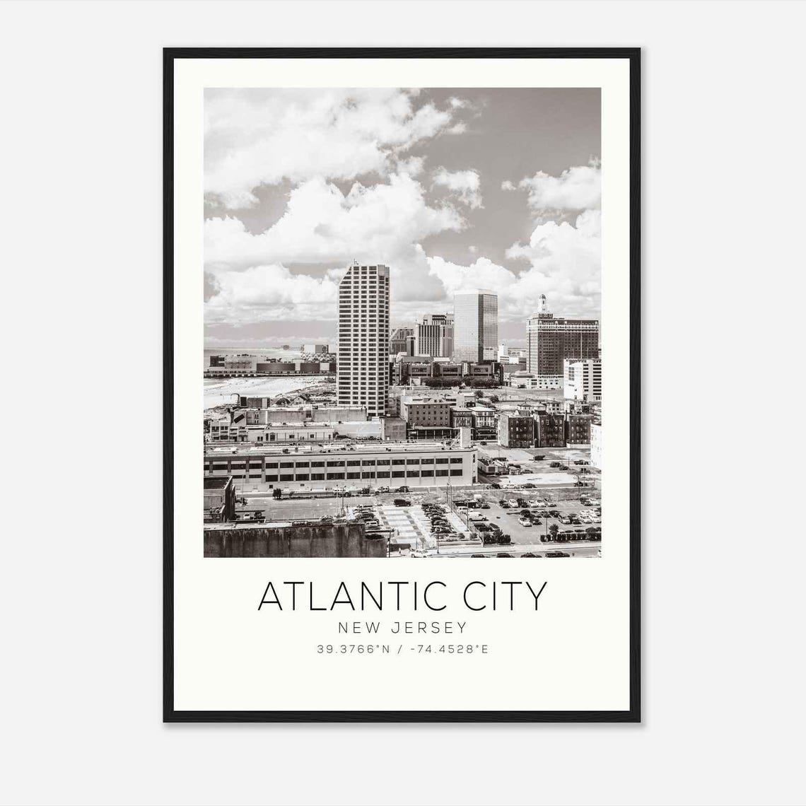 Atlantic City New Jersey Downtown Skyline Black White Poster