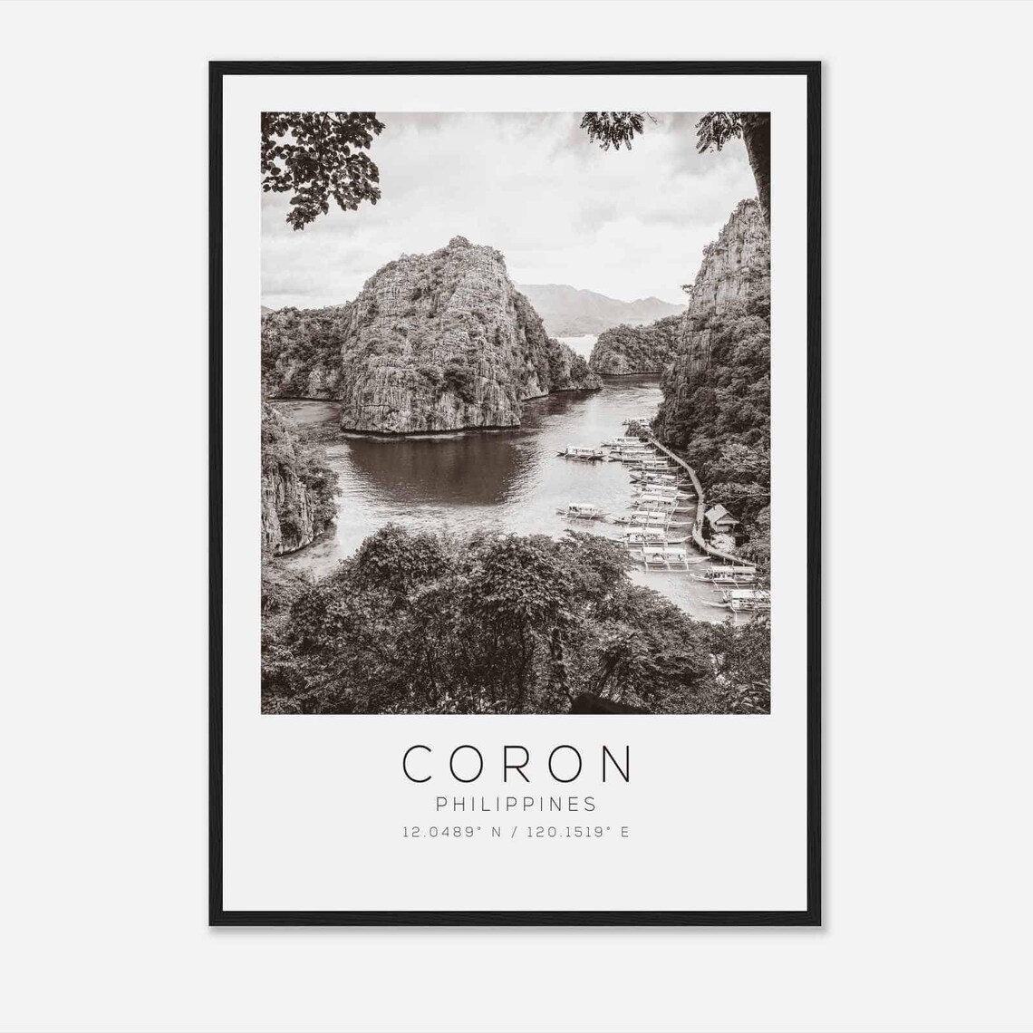 Coron Philippines Limestone Lagoon Boats Black and White Travel Poster