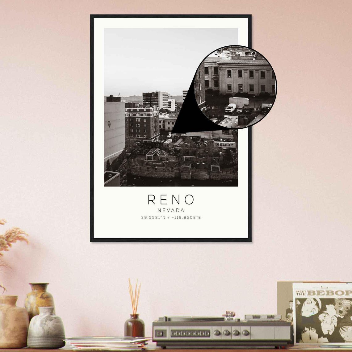 Reno Nevada Downtown Rooftop View Black and White Photo Poster - Image 4