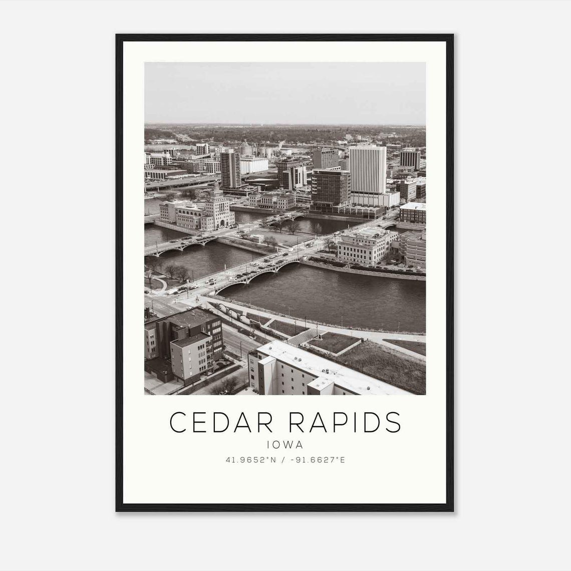 Cedar Rapids Iowa Aerial River and Downtown Bridges Travel Poster