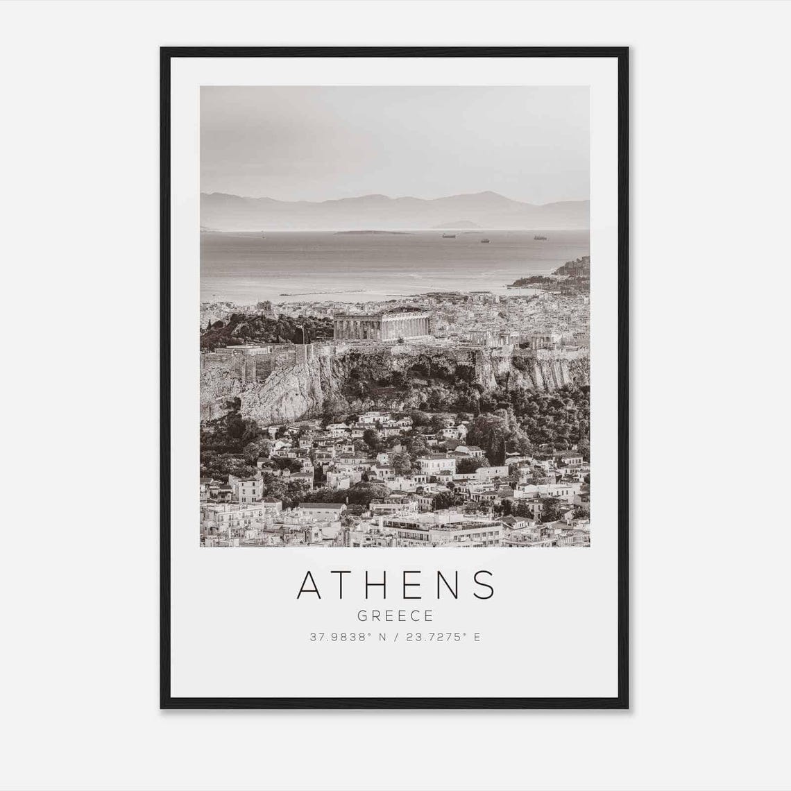 Athens Greece Black White Acropolis Ancient Citadel Travel Poster