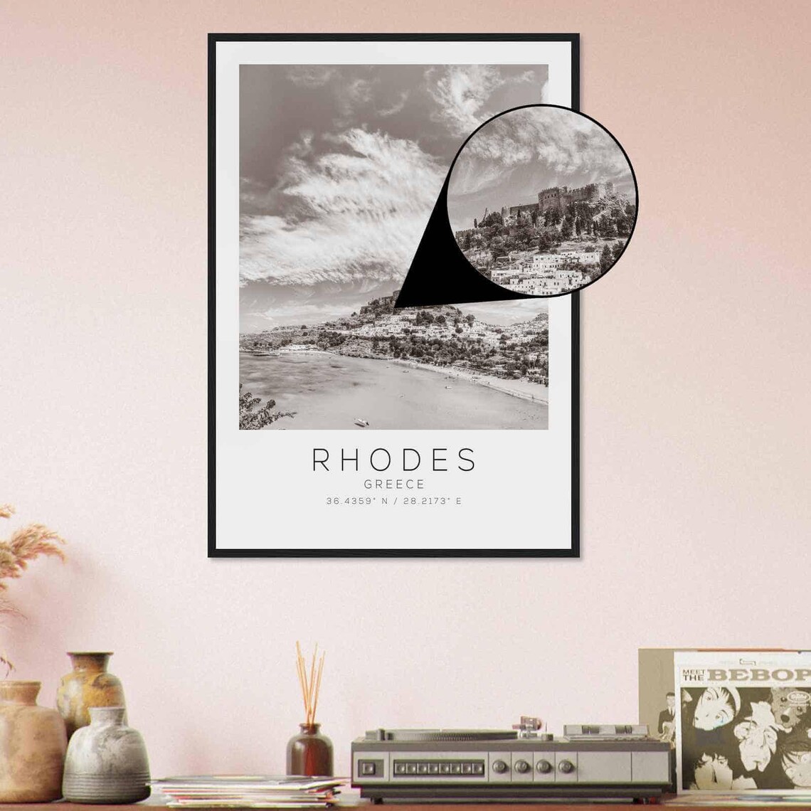 Rhodes Greece Black And White Beach And Hilltop Village Poster - Image 4