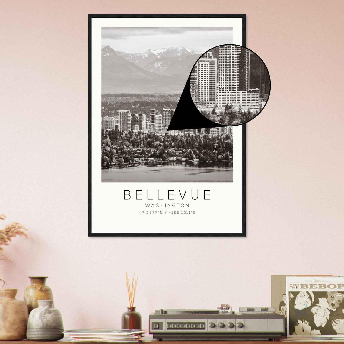 Bellevue Washington Downtown Skyline Mountain View Black White Poster - Image 4