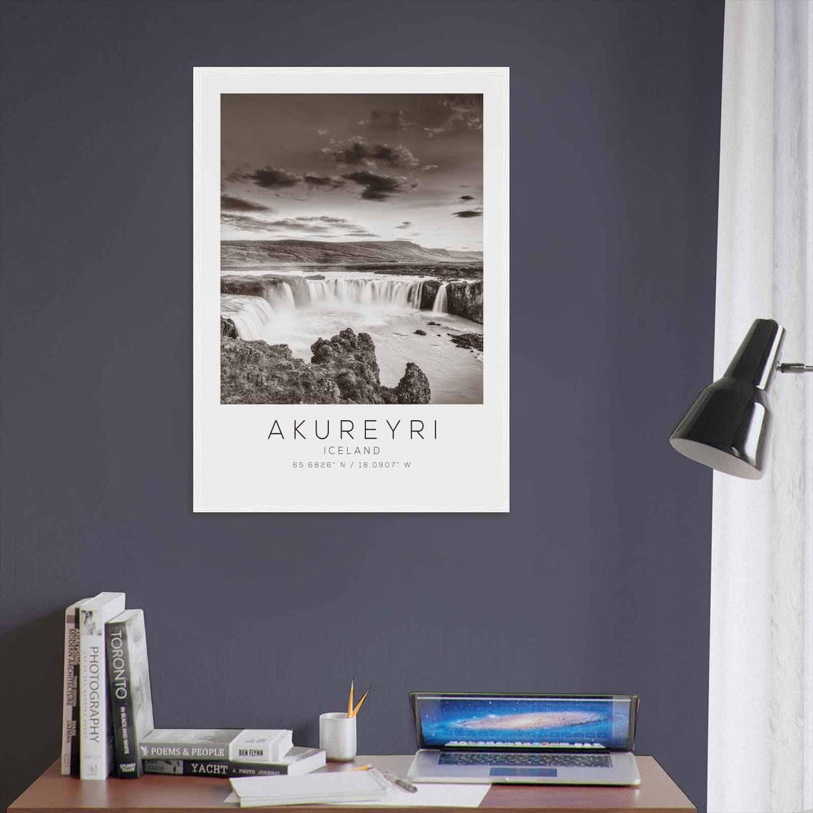 Akureyri Iceland Black White Waterfall River Canyon Travel Poster - Image 3